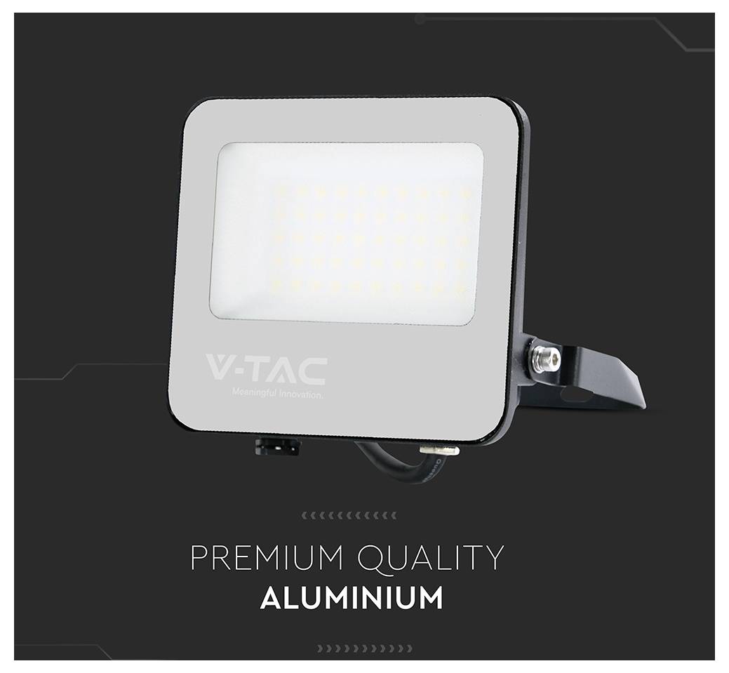 Projecteur LED 'V-TAC' avec un boîtier en aluminium élégant, annoncé comme 'Qualité Premium Aluminium' sur un fond sombre.
