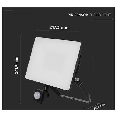 Projecteur à détecteur de mouvement PIR avec dimensions : 217,3 mm de large, 241,9 mm de haut, 89,1 mm de profondeur.