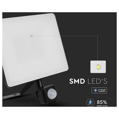 Un projecteur LED carré avec capteur est représenté. Le texte indique « LED SMD », « Garantie de 2 ans » et « 85% d'économie d'énergie ».