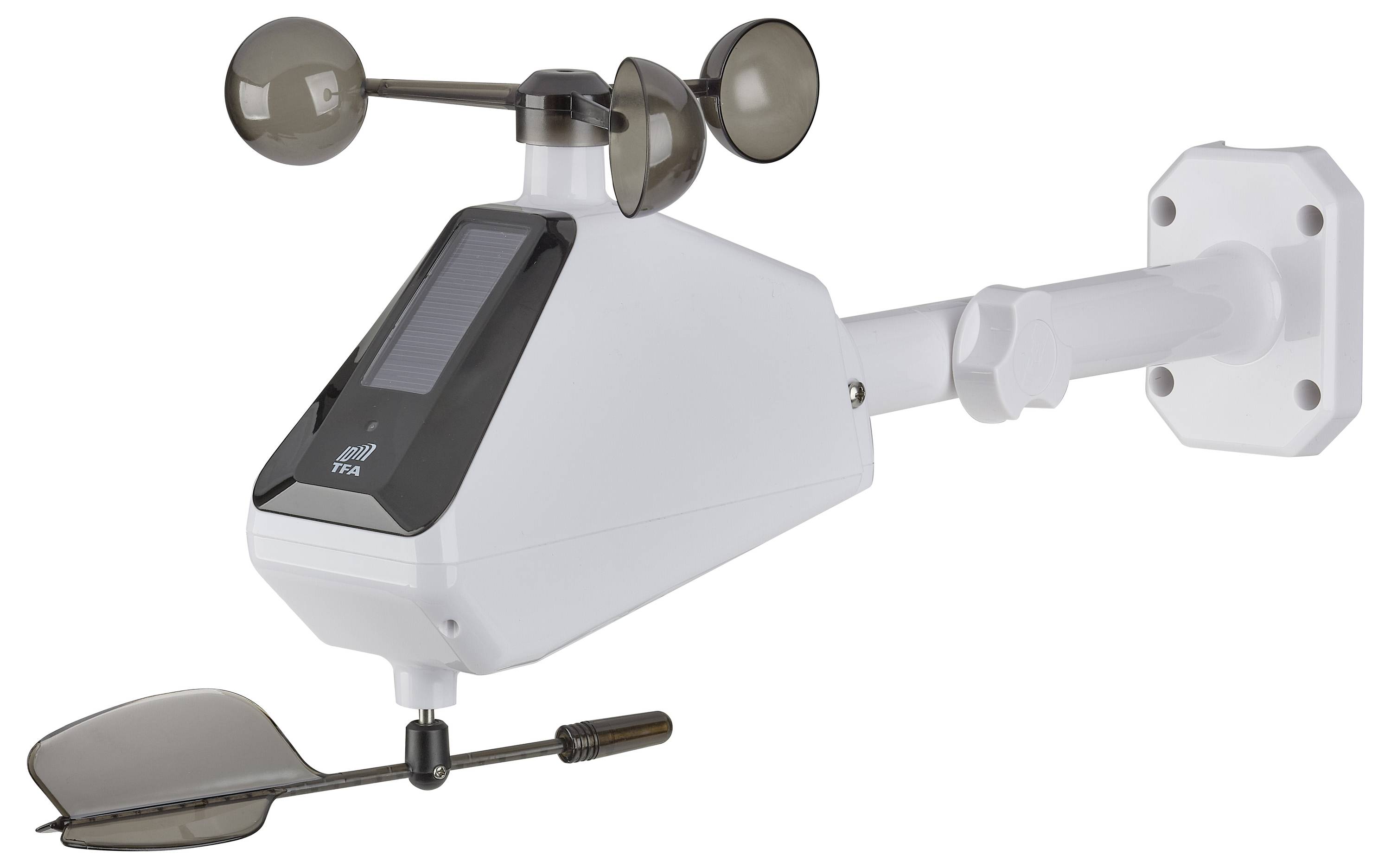 Un instrument météorologique blanc équipé de coupelles d'anémomètre et d'une girouette, fixé sur un support, utilisé pour mesurer la vitesse et la direction du vent.