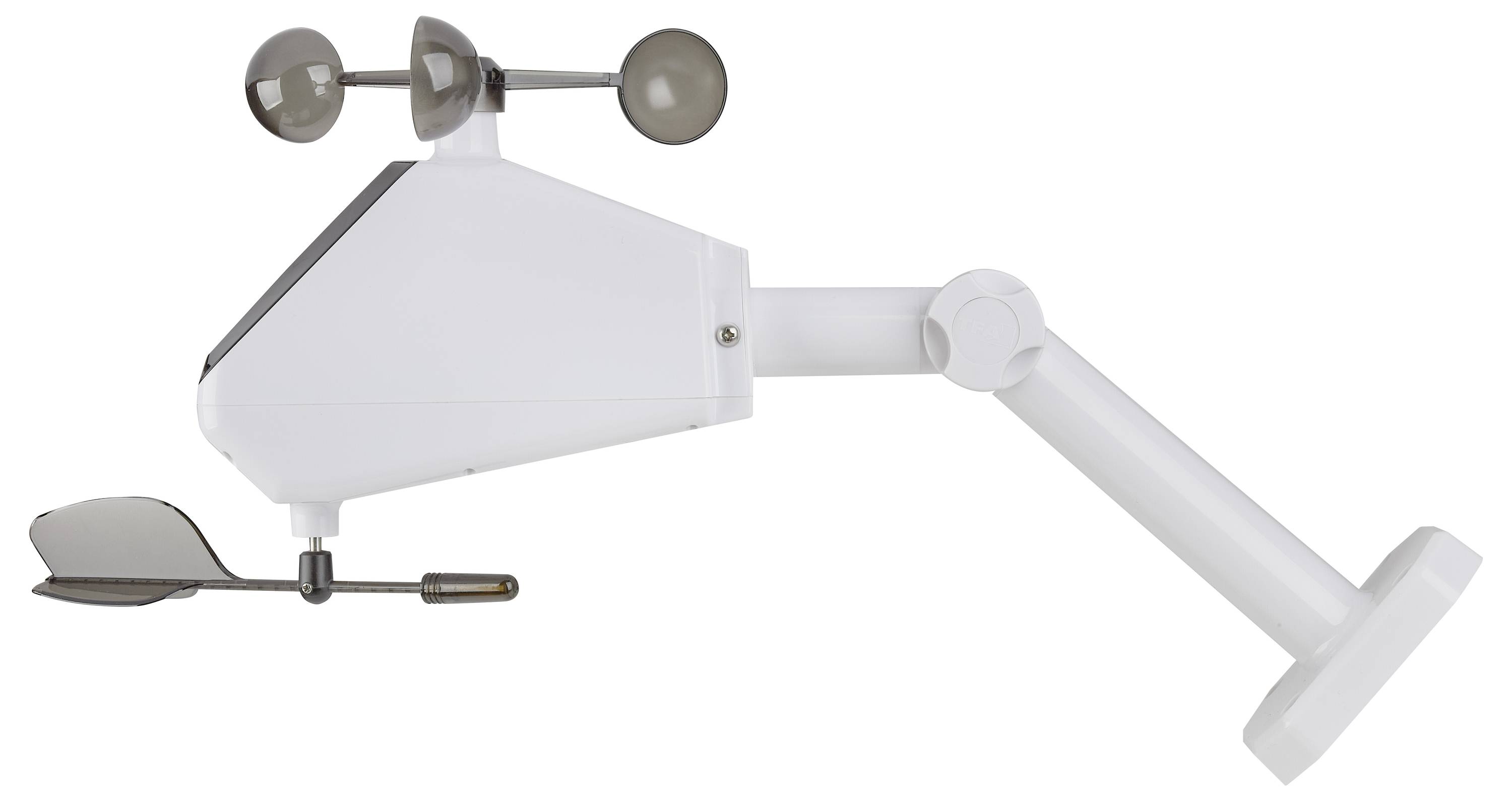 Un girouette moderne blanche avec un bras vertical et horizontal, équipée de coupelles de vent et d'une pale, utilisée pour mesurer la direction et la vitesse du vent.