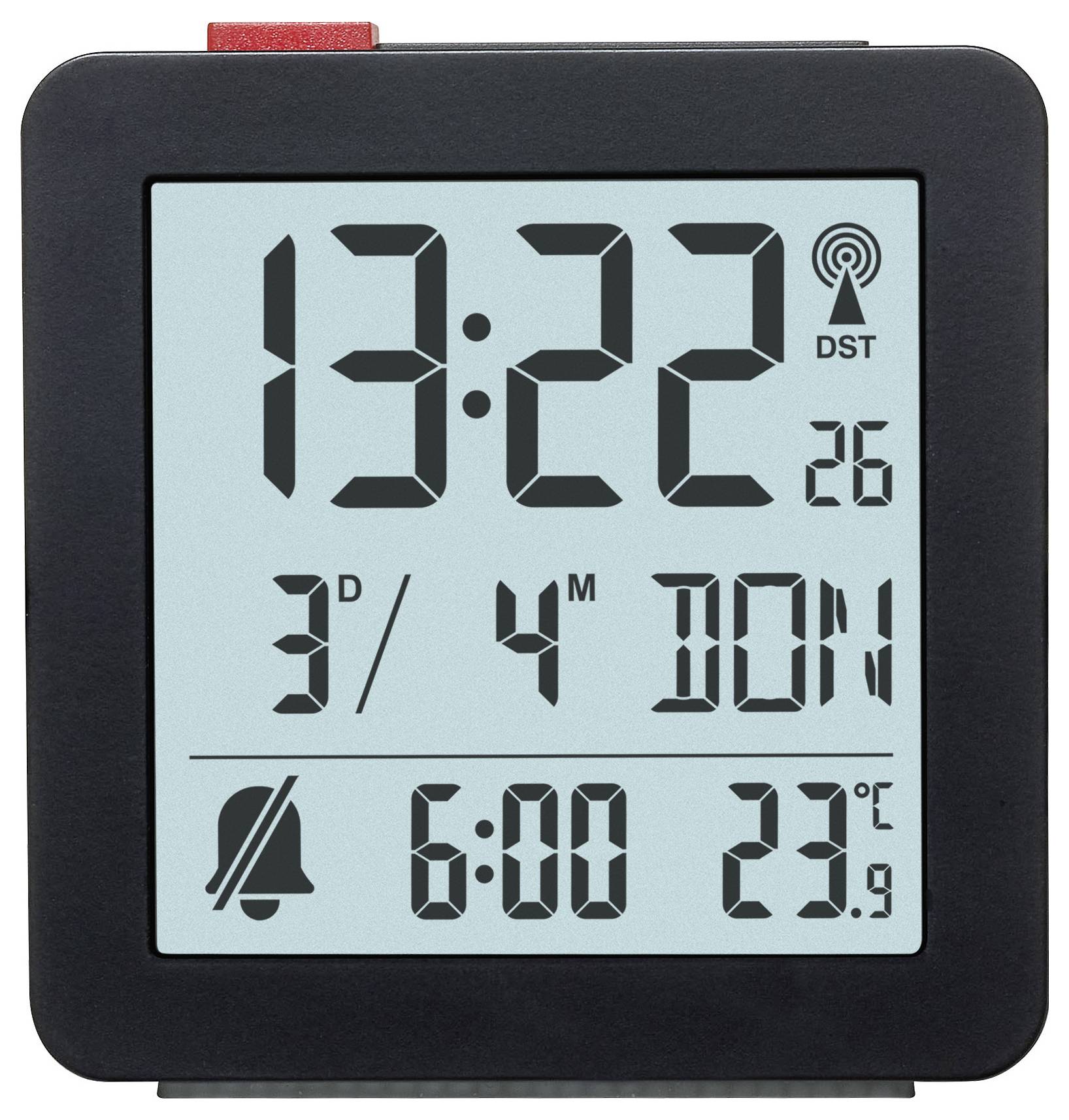 Une horloge numérique affiche l'heure '13:22', la date comme étant le 3 avril, et le jour comme lundi. Elle indique une alarme réglée à 6:00 et une température de 23,9°C.