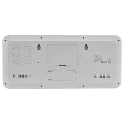 L'image montre le panneau arrière d'un dispositif électronique avec des emplacements pour fixation murale, des compartiments à piles et des boîtiers pour boutons.