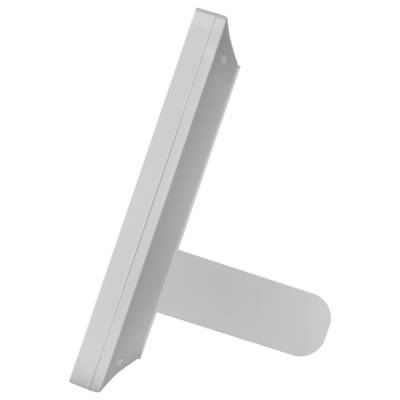 Un cadre photo numérique fin et rectangulaire, muni d'un support, vu de côté avec un angle, mettant en valeur sa conception élégante et minimaliste.