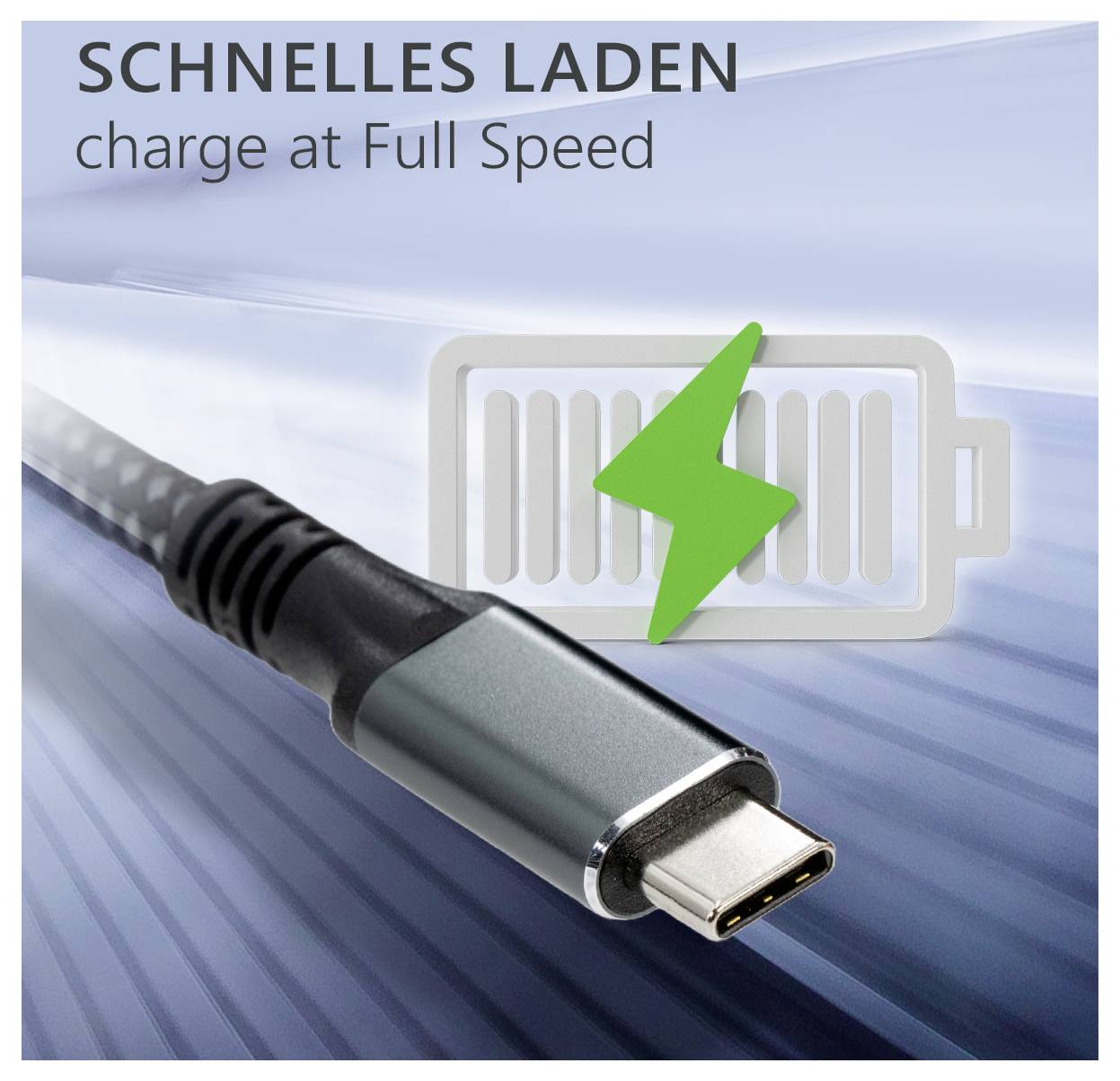 Câble USB-C axé sur la charge. Texte indiquant 'CHARGE RAPIDE' et 'charge à pleine vitesse'. Arrière-plan montrant une batterie et des éclairs.