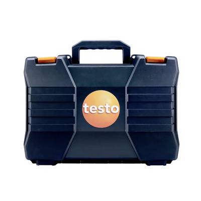 Étui de transport noir avec des accents oranges et un logo circulaire 'testo' sur l'avant. Design robuste avec une poignée centrale pour un transport facile.