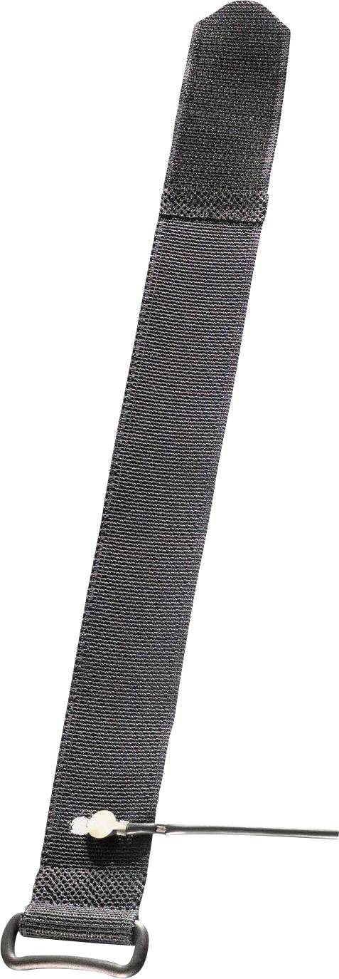 Sangle en nylon noir avec une boucle en métal, comprenant une petite épingle blanche et un fil noir attaché.