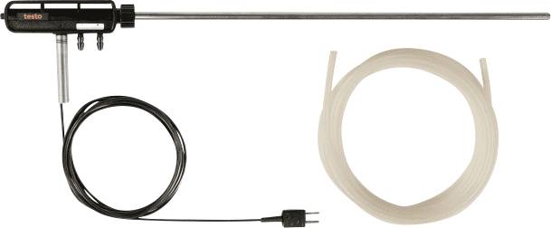 'Assemblage de sonde d'échantillonnage de gaz Testo avec poignée noire, longue tige métallique, tube enroulé et câble attaché se terminant par une prise.'