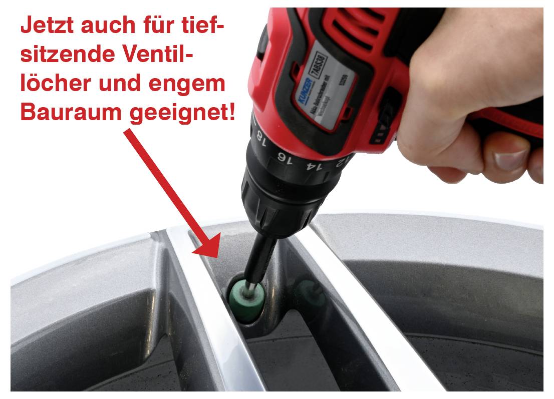 Une main tient une perceuse rouge et noire au-dessus d'une valve de pneu de voiture. Texte : 'Désormais adapté aux trous de valve profonds et aux espaces restreints !'