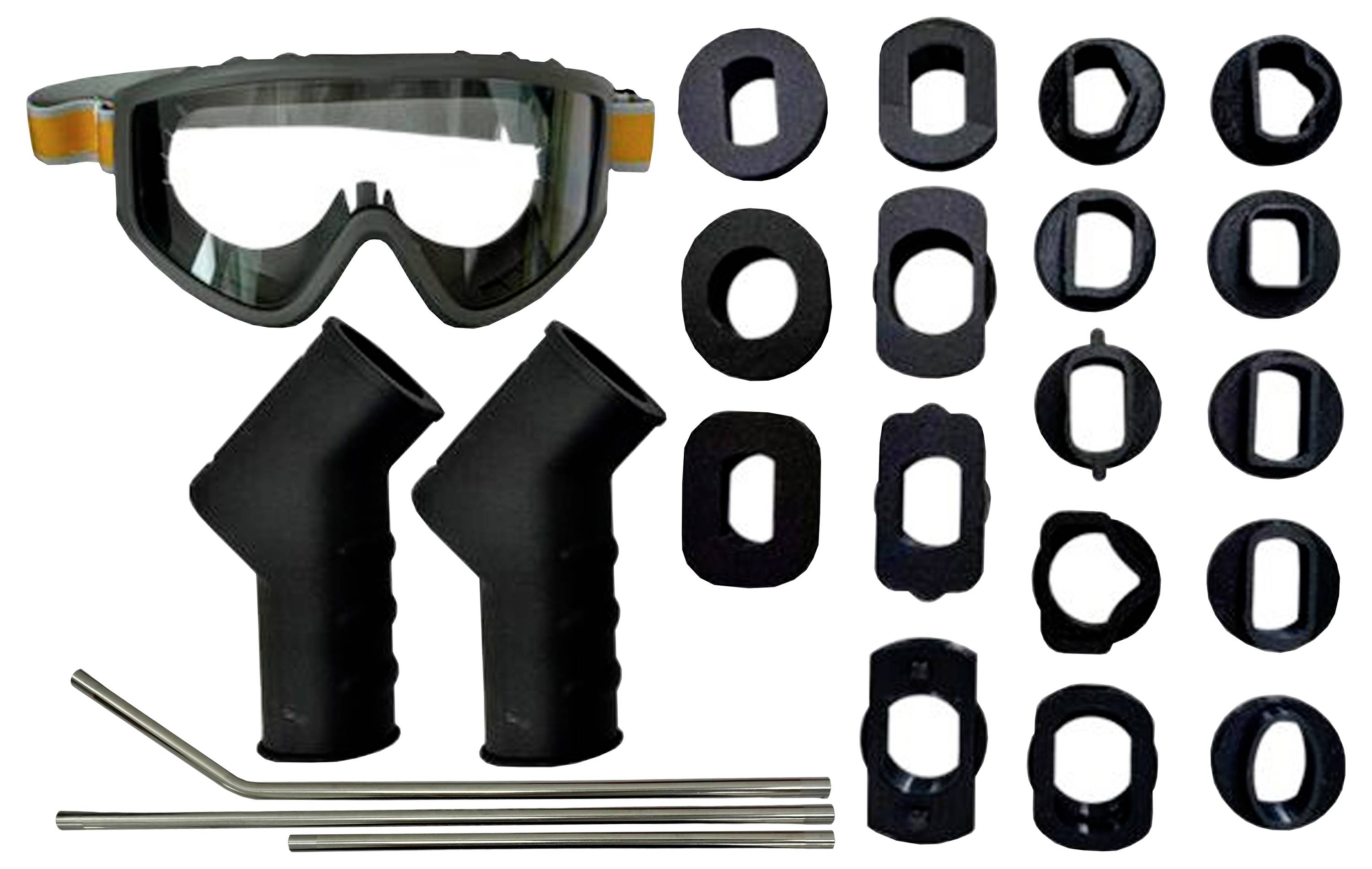 Des lunettes de protection avec des touches orange sont disposées à côté de raccords en caoutchouc noir et de plusieurs tubes métalliques, probablement pour un montage d'installation.
