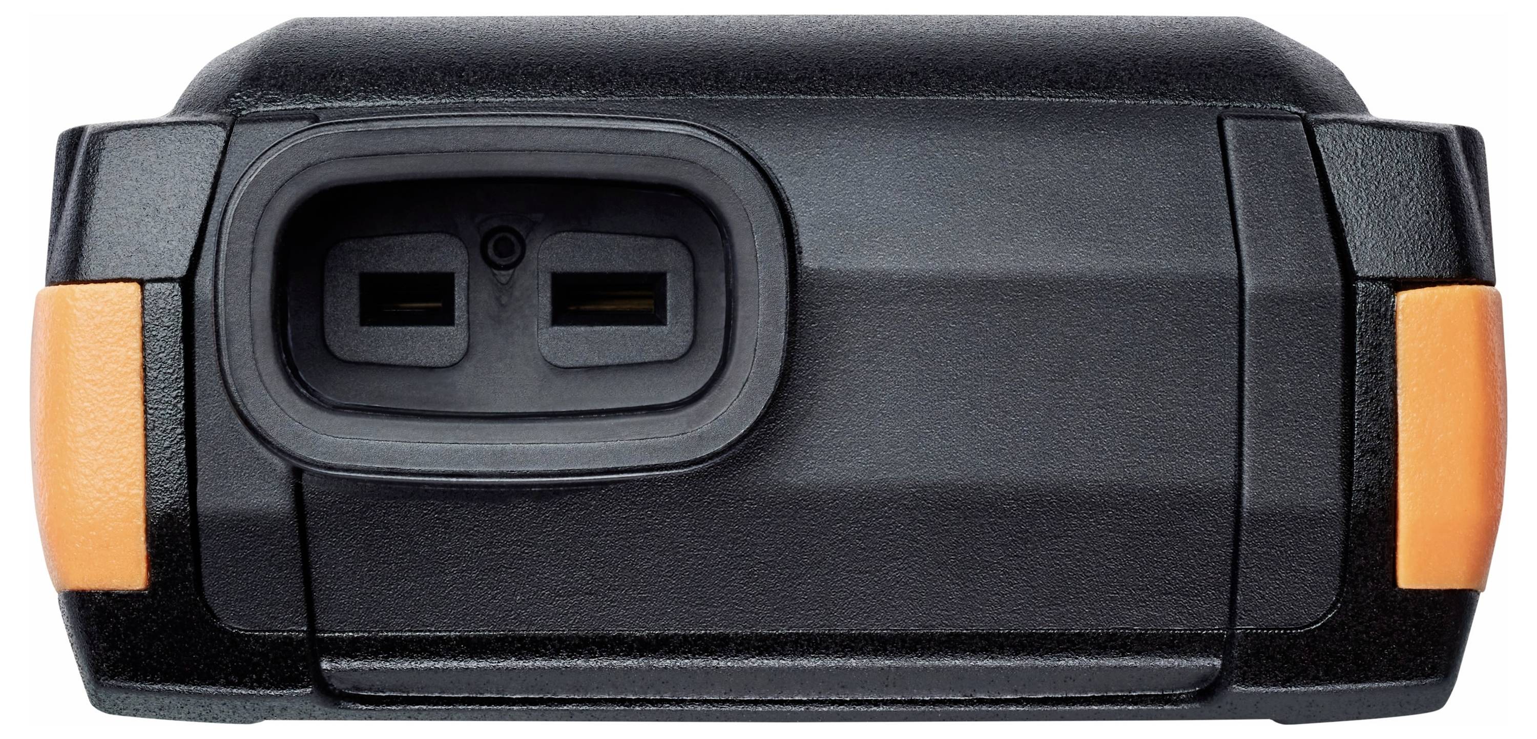 Un gros plan sur un pack batterie noir pour outil électrique, avec un accent orange et deux ports de connexion, conçu pour des outils sans fil.