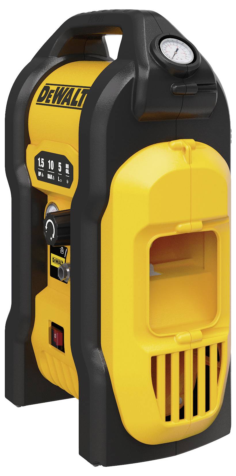 Un compresseur d'air portable DeWalt avec un manomètre, un panneau de commande et une poignée, conçu pour gonfler les pneus et les petits outils.