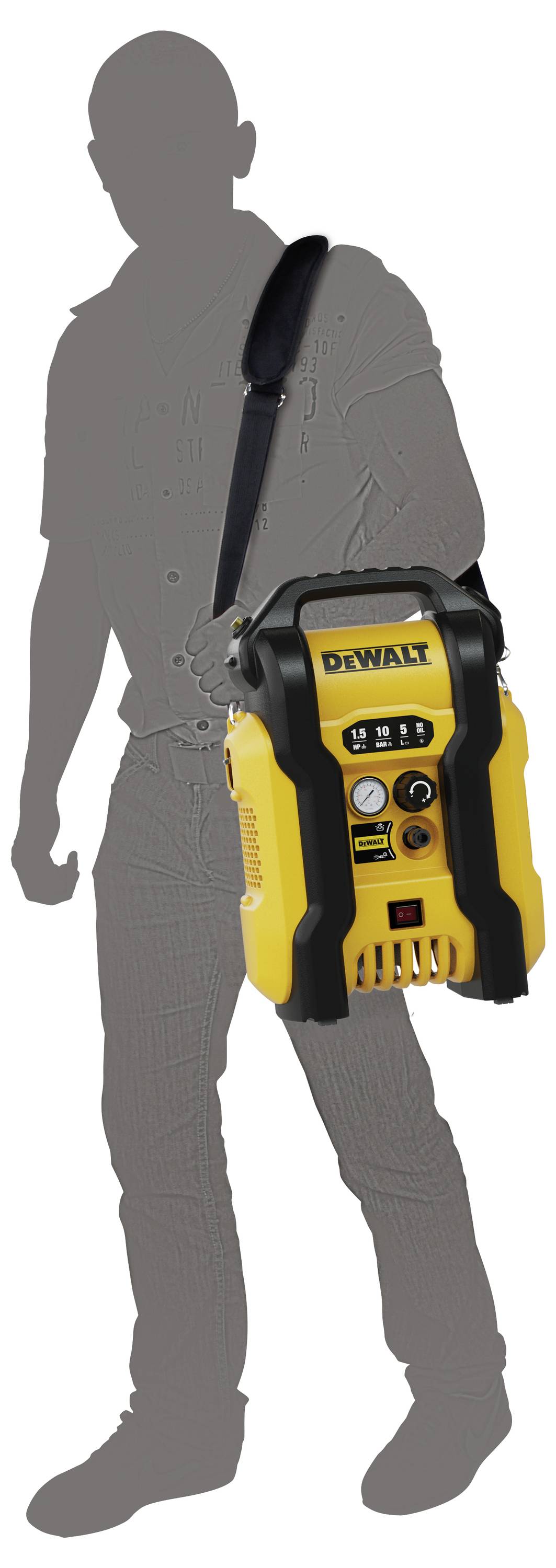 Gonfleur à air DeWalt porté par une personne, mettant en évidence la portabilité et la conception avec poignée ergonomique et panneau de commande sur le devant.