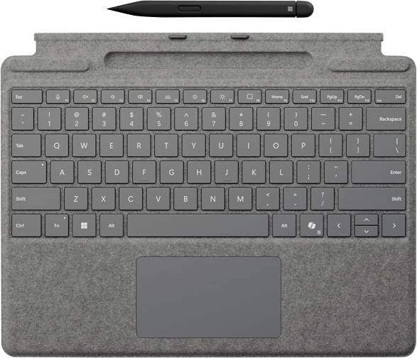 Une housse de clavier grise avec un pavé tactile est présentée, accompagnée d'un stylet noir au-dessus. Convient aux appareils tablettes.