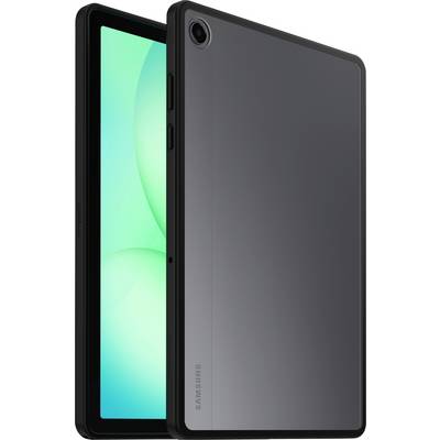 Une tablette Samsung élégante, noire, avec un grand écran affichant un arrière-plan abstrait vert, inclinée pour révéler son profil fin et son appareil photo.