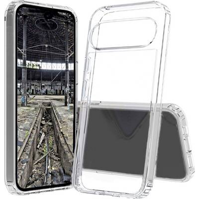 Étui de téléphone transparent mettant en valeur un smartphone affichant l'image d'un bâtiment industriel abandonné sur son écran, avec des voies ferrées et des graffitis.