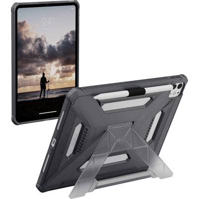 Un étui pour tablette avec support et porte-stylo, vu de dos avec une vue latérale de la tablette affichant une scène de plage où une personne est en train de pêcher.