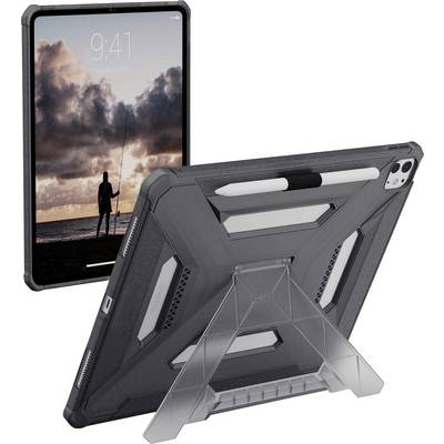 Tablette dans un boîtier robuste avec support intégré et porte-stylet, affichant une personne pêchant au coucher du soleil sur l'écran.