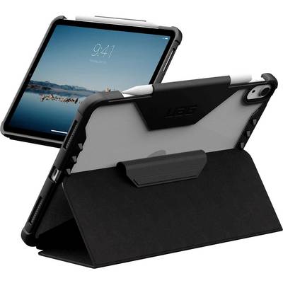 Tablette avec un étui robuste noir, positionnée verticalement et horizontalement. L'écran affiche une scène de lac sereine avec une heure de 9h41.
