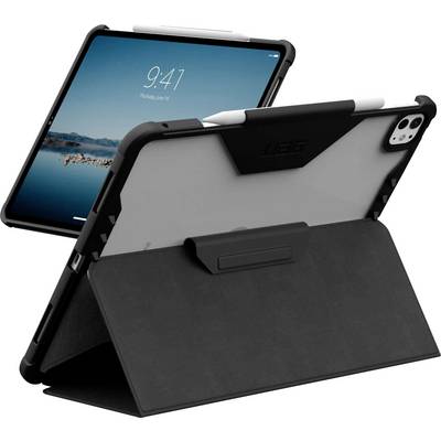 Une tablette dans un étui robuste noir avec un support, montrée des angles arrière et latéral, affichant un paysage de montagne sur l'écran.