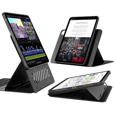 « Trois tablettes dans des étuis noirs présentées selon différentes orientations : montage vidéo, lecture de texte et affichage d'une carte mentale colorée. »