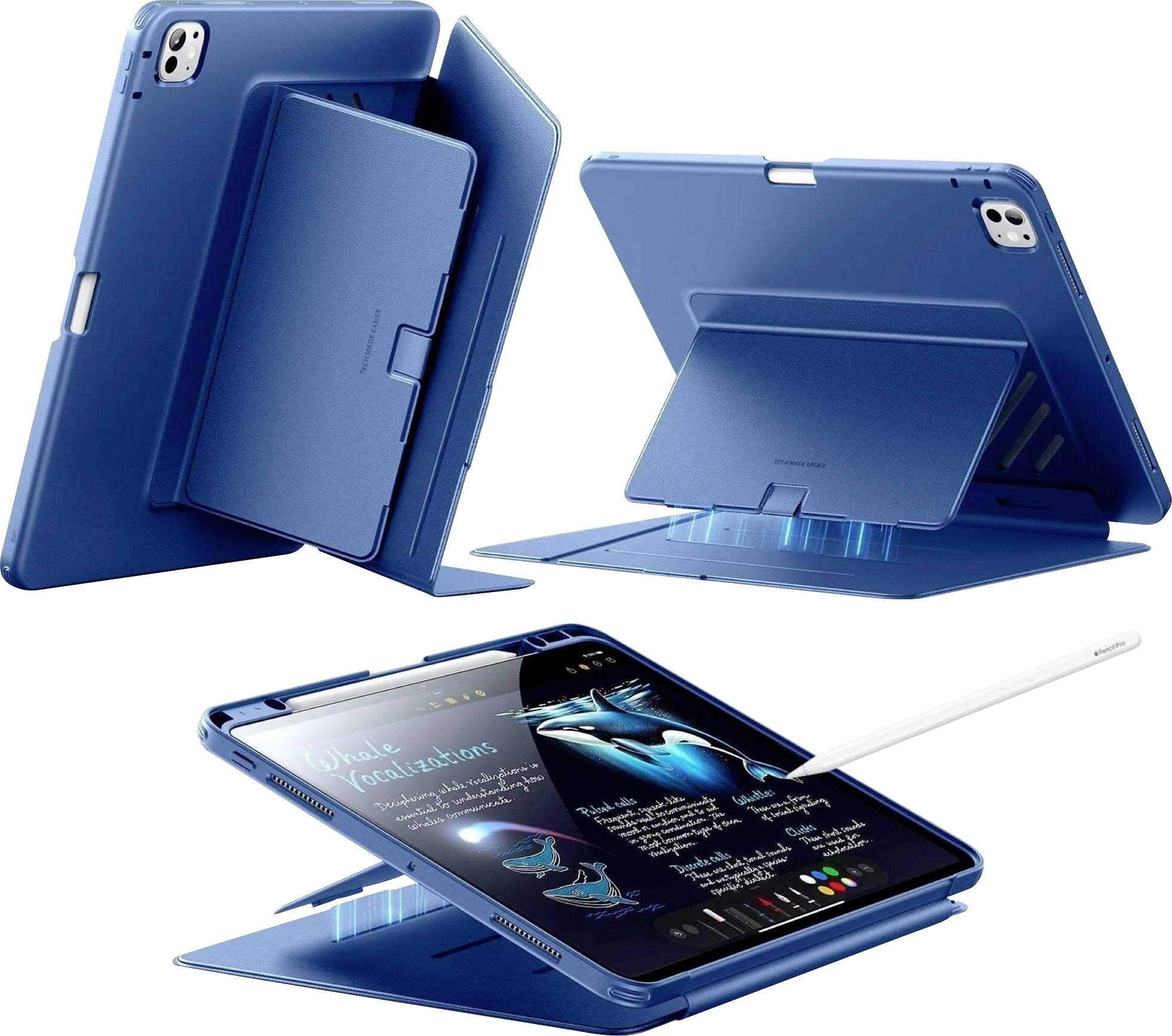 Étui de tablette bleu avec support réglable présenté sous plusieurs angles, montrant un stylet et une tablette affichant des notes et des illustrations.