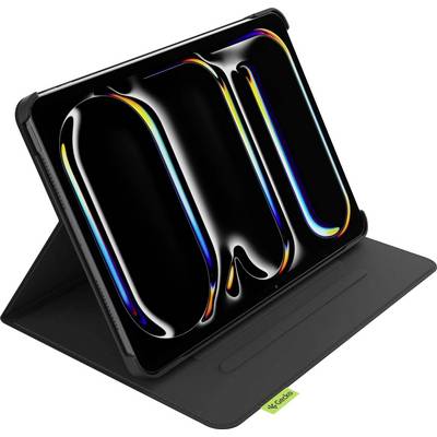 Une tablette dans un étui noir affiche un motif abstrait et vibrant avec des lignes fluides et des points lumineux colorés sur son écran.