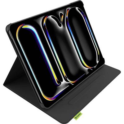Une tablette dans un étui noir est posée en biais. L'écran affiche un design abstrait et coloré sur un fond sombre.