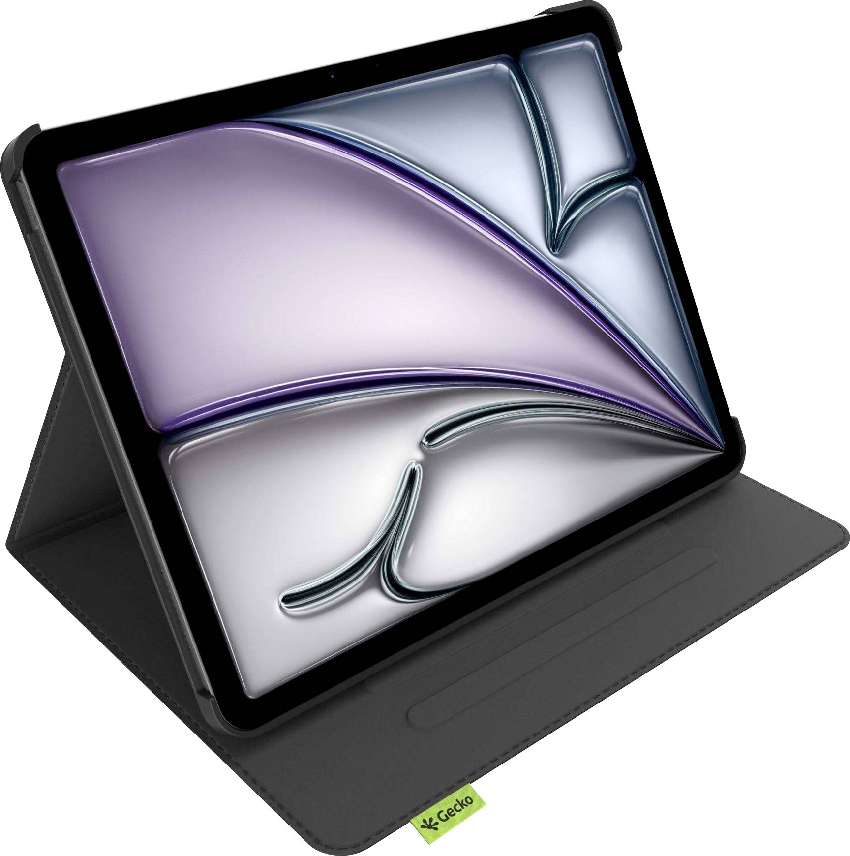 Une tablette avec un design abstrait coloré sur l'écran est posée sur un support noir. Une petite étiquette verte portant le texte « GoGo » est visible sur le support.