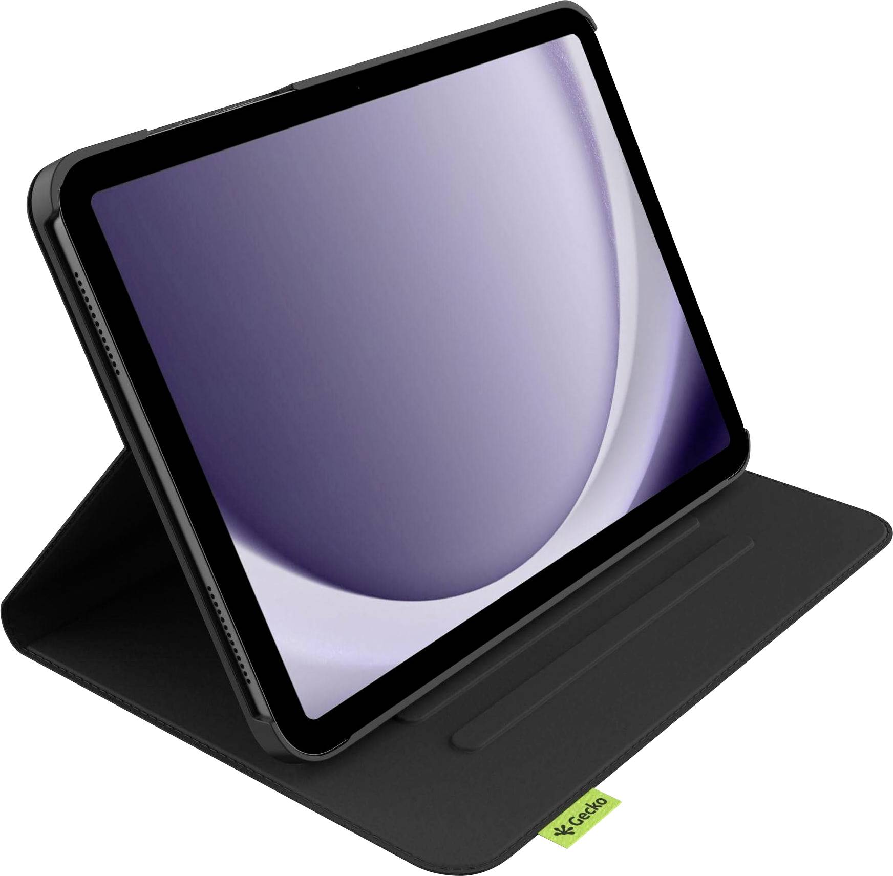 Une tablette dans un étui noir est placée verticalement, affichant un écran vide avec un dégradé doux allant du mauve clair au mauve foncé.