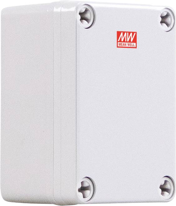 Un boîtier électrique rectangulaire blanc, portant un logo rouge 'MW MEAN WELL' dans le coin supérieur avant, avec des coins fixés par des vis.
