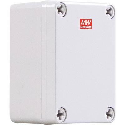 Un boîtier électrique rectangulaire blanc, portant un logo rouge 'MW MEAN WELL' dans le coin supérieur avant, avec des coins fixés par des vis.