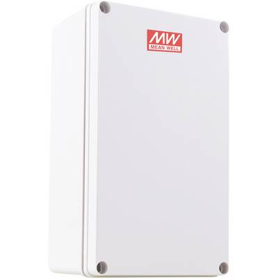 Un boîtier électronique rectangulaire blanc portant un logo rouge 'MEAN WELL' sur le dessus.