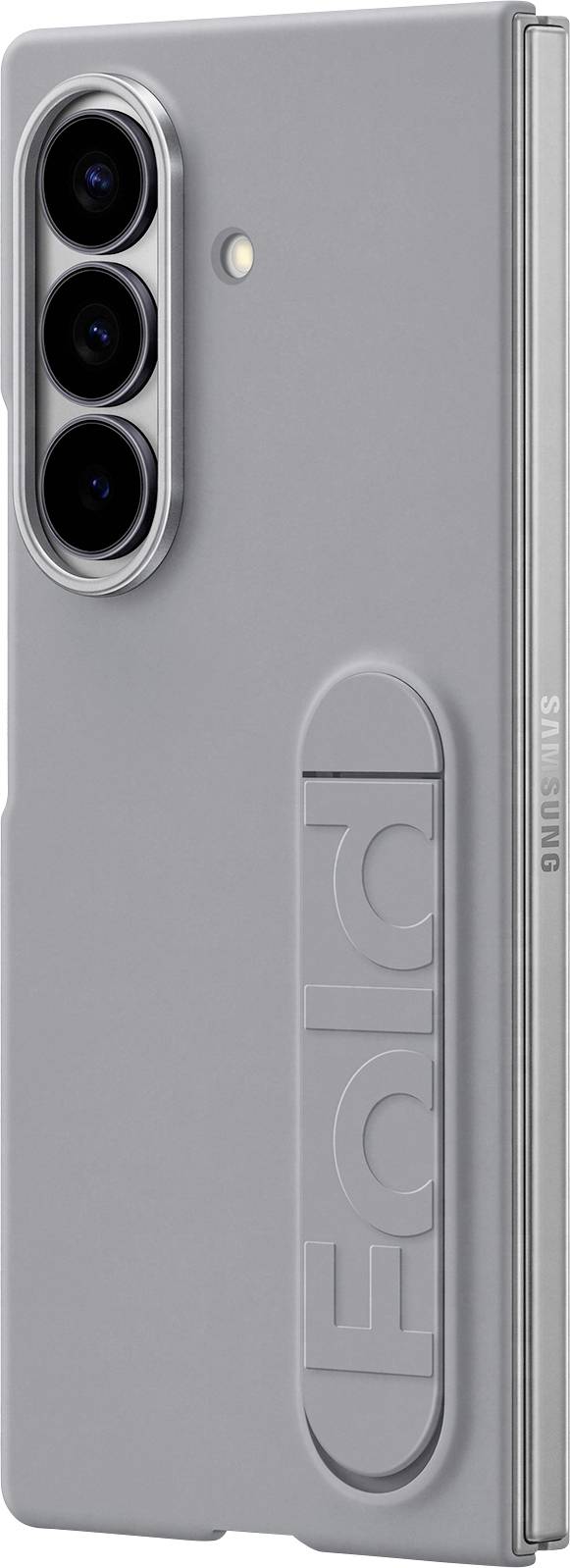 Un smartphone gris avec trois caméras à l'arrière, portant le mot « Fold » en lettres embossées de grande taille, et « Samsung » en texte plus petit.