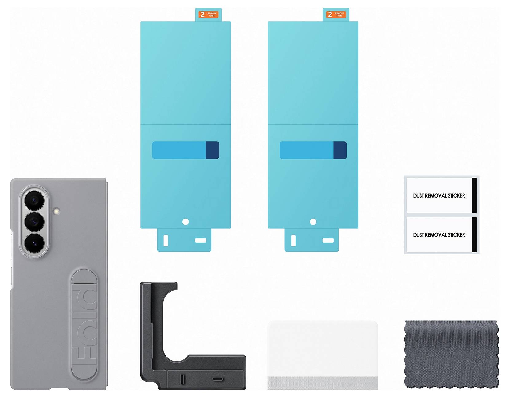 'Kit d'accessoires pour smartphone comprenant deux protecteurs d'écran, un étui gris, un support de caméra, un outil d'alignement blanc, des autocollants de suppression de poussière et un chiffon de nettoyage.'