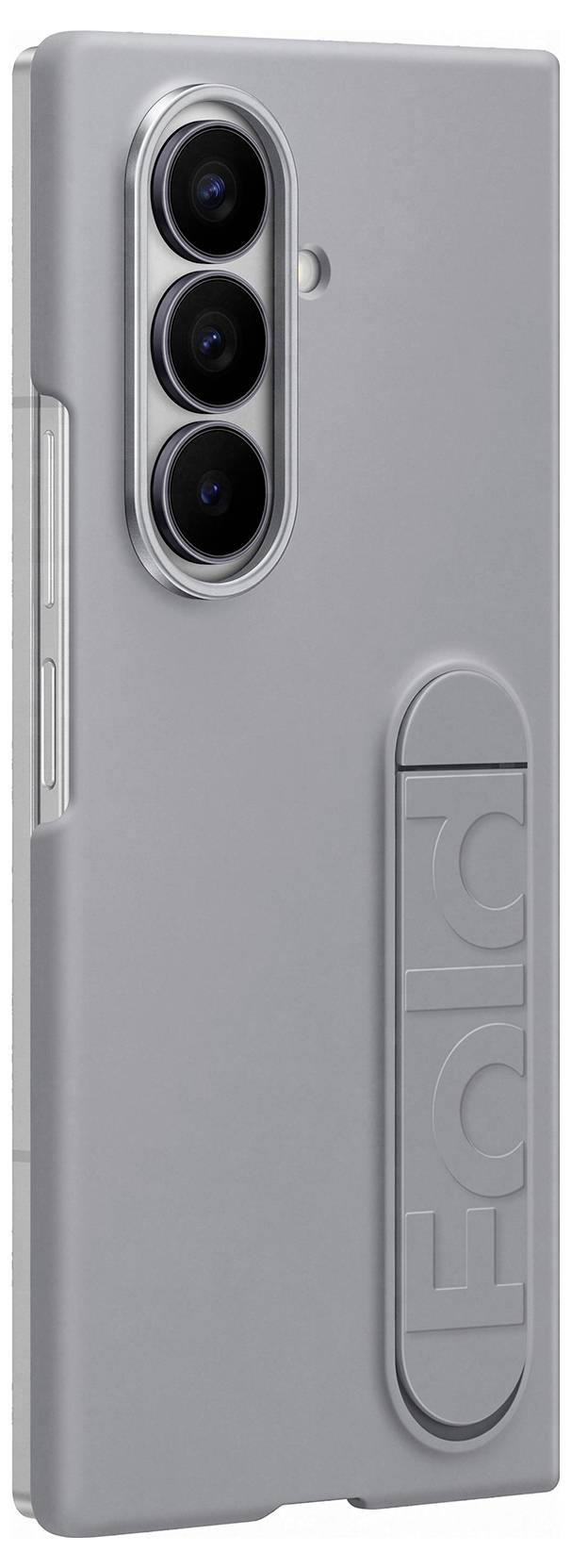 Étui de téléphone de la marque 'Fold' aux bords arrondis, présentant trois objectifs de caméra alignés verticalement sur une surface grise élégante.