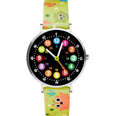 Une montre d'enfant colorée avec un cadran noir, présentant des chiffres multicolores et des graphiques sur le thème des animaux sur le bracelet vert.