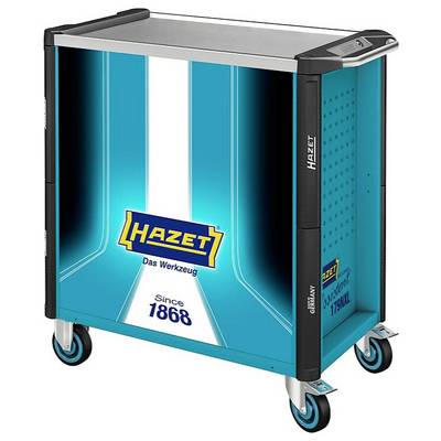 Un chariot à outils Hazet bleu avec un plateau métallique, portant les inscriptions « Das Werkzeug » et « Since 1868 » sur le côté, monté sur des roues pour une mobilité facile.