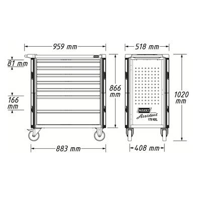 Un schéma technique d'une armoire à outils montrant des vues de face et de côté avec les dimensions suivantes : largeur 883-959 mm, profondeur 408-518 mm, hauteur 866-1020 mm.