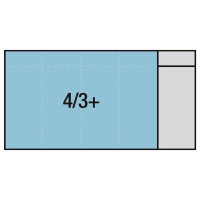 Un diagramme d'un rectangle divisé en six parties, avec la partie la plus grande étiquetée « 4/3+ » en bleu et une section plus petite en gris.