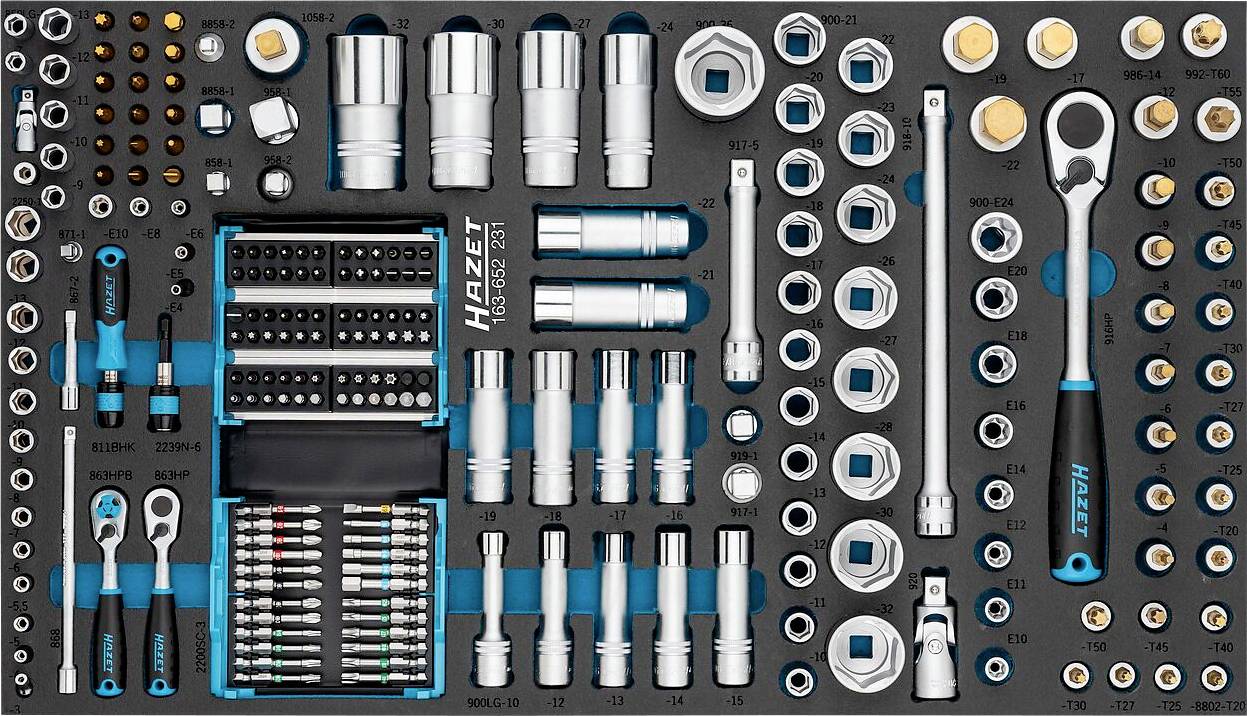 Un ensemble d'outils Hazet variés, comprenant des douilles, des clés à cliquet et des embouts de tournevis, soigneusement rangés sur un plateau en mousse.