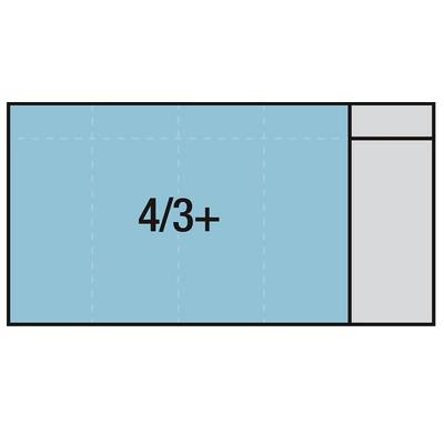Zone bleue rectangulaire étiquetée « 4/3+ », avec une petite section rectangulaire grise sur la droite.