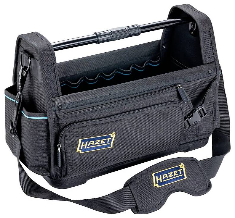 Un sac à outils noir avec le logo 'Hazet', doté de plusieurs poches et d'une bandoulière pour un transport facile.