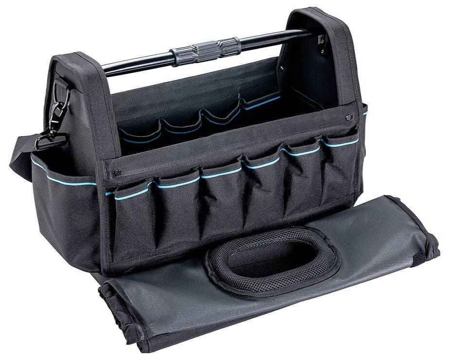 Un sac à outils noir avec plusieurs poches et une poignée, présentant une housse détachable posée devant, mettant en valeur ses caractéristiques d'organisation.