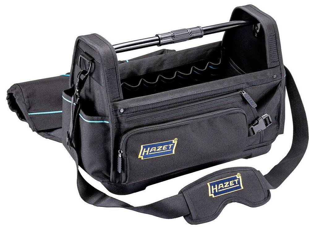 Un grand sac à outils noir de marque 'Hazet', avec une conception à ouverture supérieure, de multiples poches, une bandoulière et des finitions en coutures.