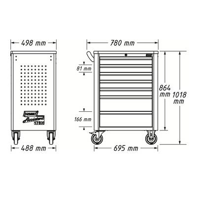 'Dimensions de l'armoire à outils : largeur 498 mm, profondeur 695 mm, hauteur 864 mm. Comprend plusieurs tiroirs et des roues pour une mobilité facilitée.'