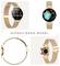 'Smartwatch Siona2 Nano Modèle' en quatre vues : cadran avec heure, affichage coloré, vue latérale avec bracelet en or, vue arrière.