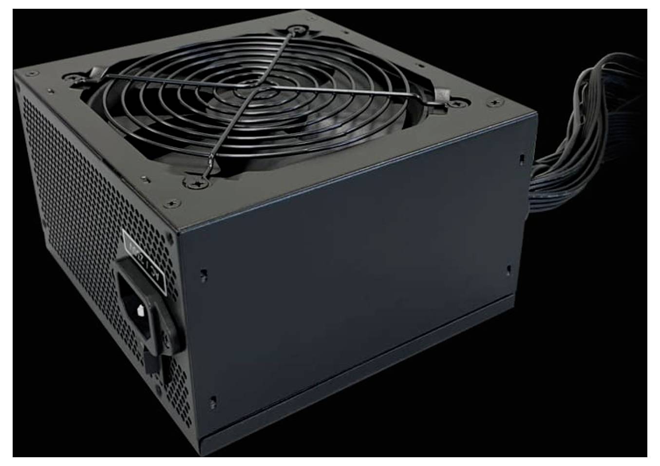 «Un bloc d'alimentation pour ordinateur avec un ventilateur sur le dessus et un faisceau de câbles sur le côté.»