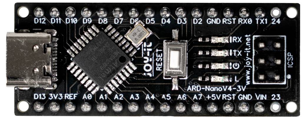 Une carte microcontrôleur avec des broches étiquetées de D0 à D13, A0 à A7, un port micro USB, un bouton de réinitialisation et plusieurs composants intégrés.