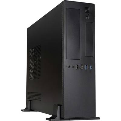 Une tour d'ordinateur noire en position verticale. Le panneau avant présente des ports USB, des prises audio et des emplacements pour lecteurs optiques.